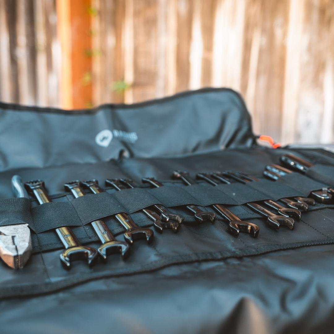 Closeup of the tools inside of the Radius Outfitters Tool Roll