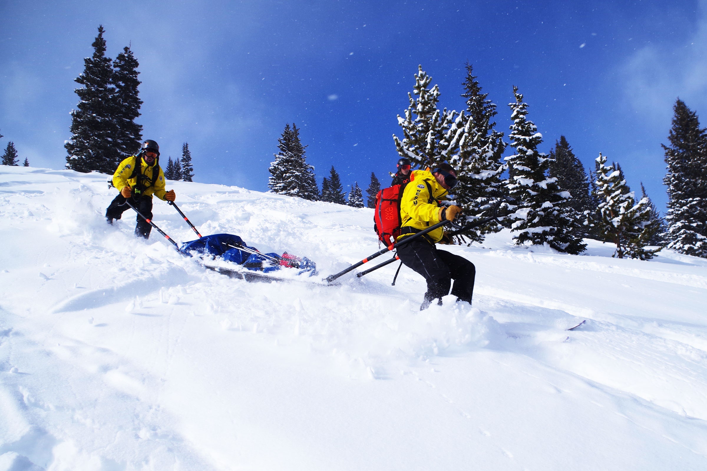 team skiing down slope