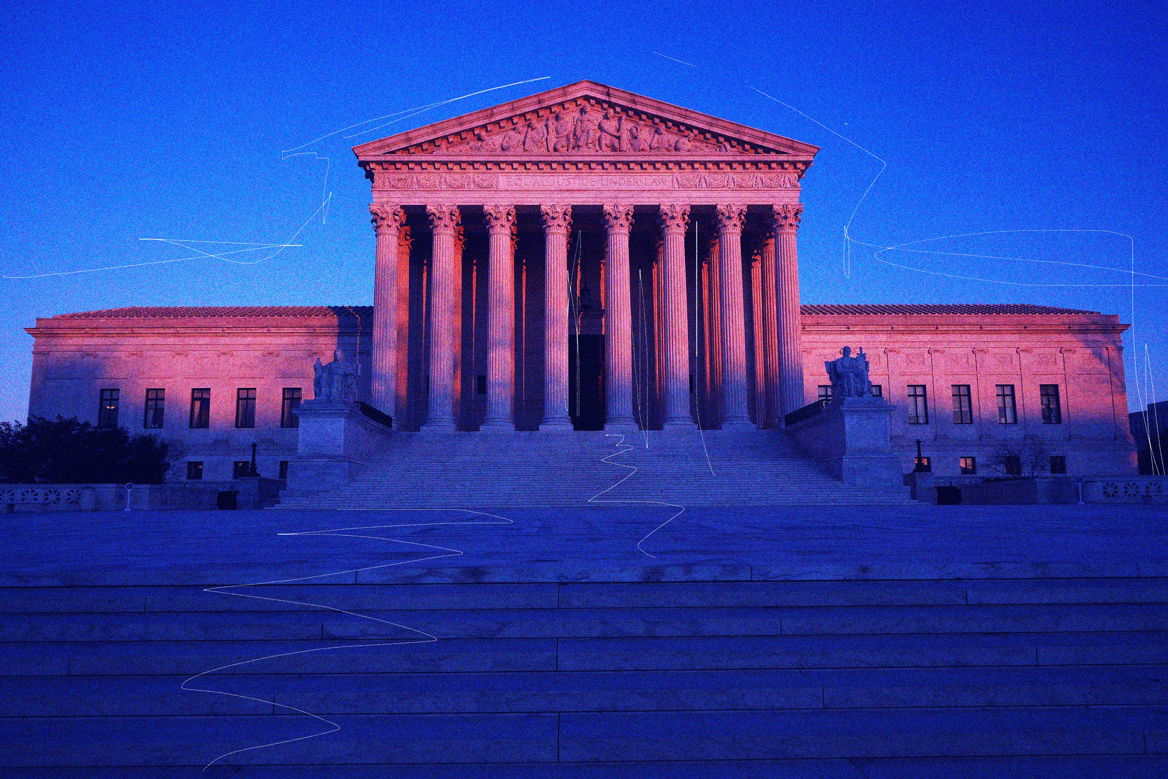 The U.S. Supreme Court building at sunset with white scribbles around it