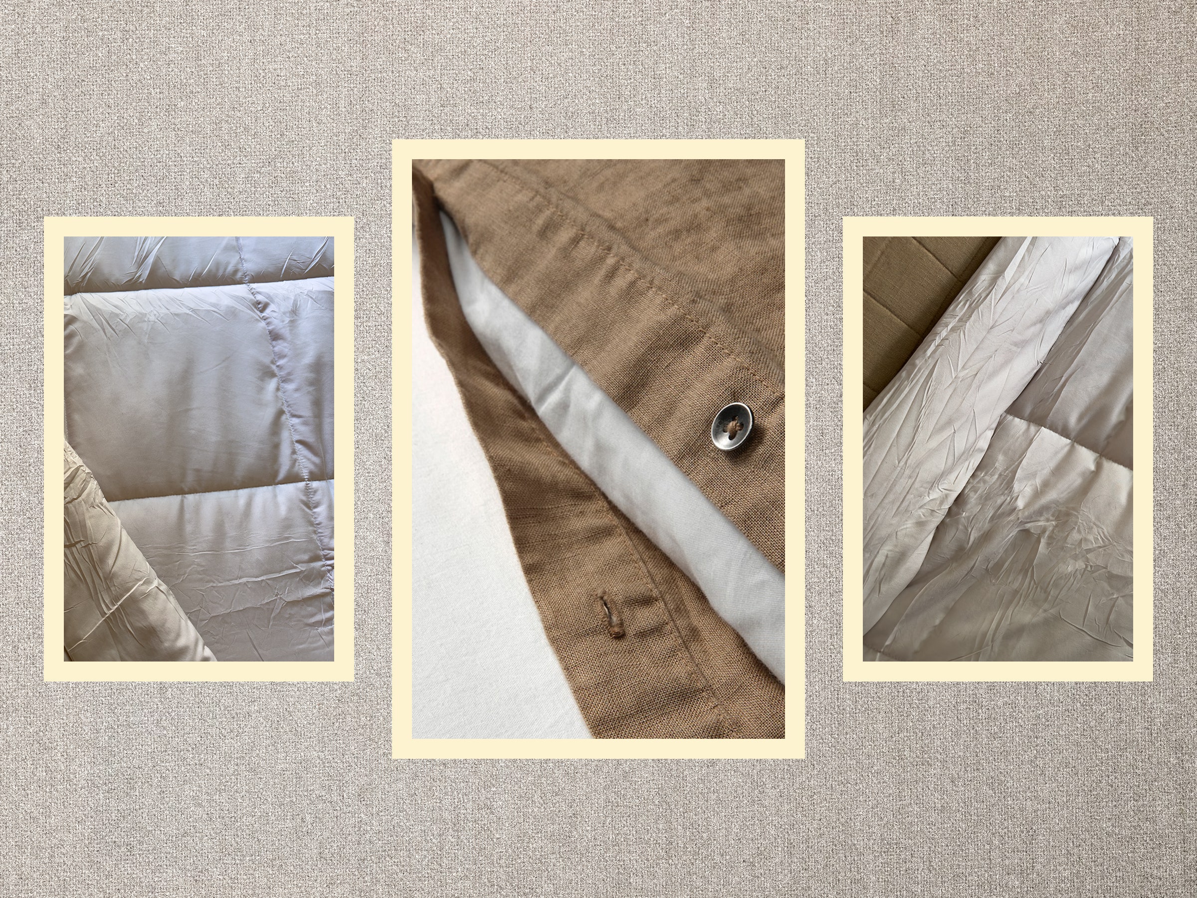 3 photos of duvet covers within yellow frames all on a linen texture background