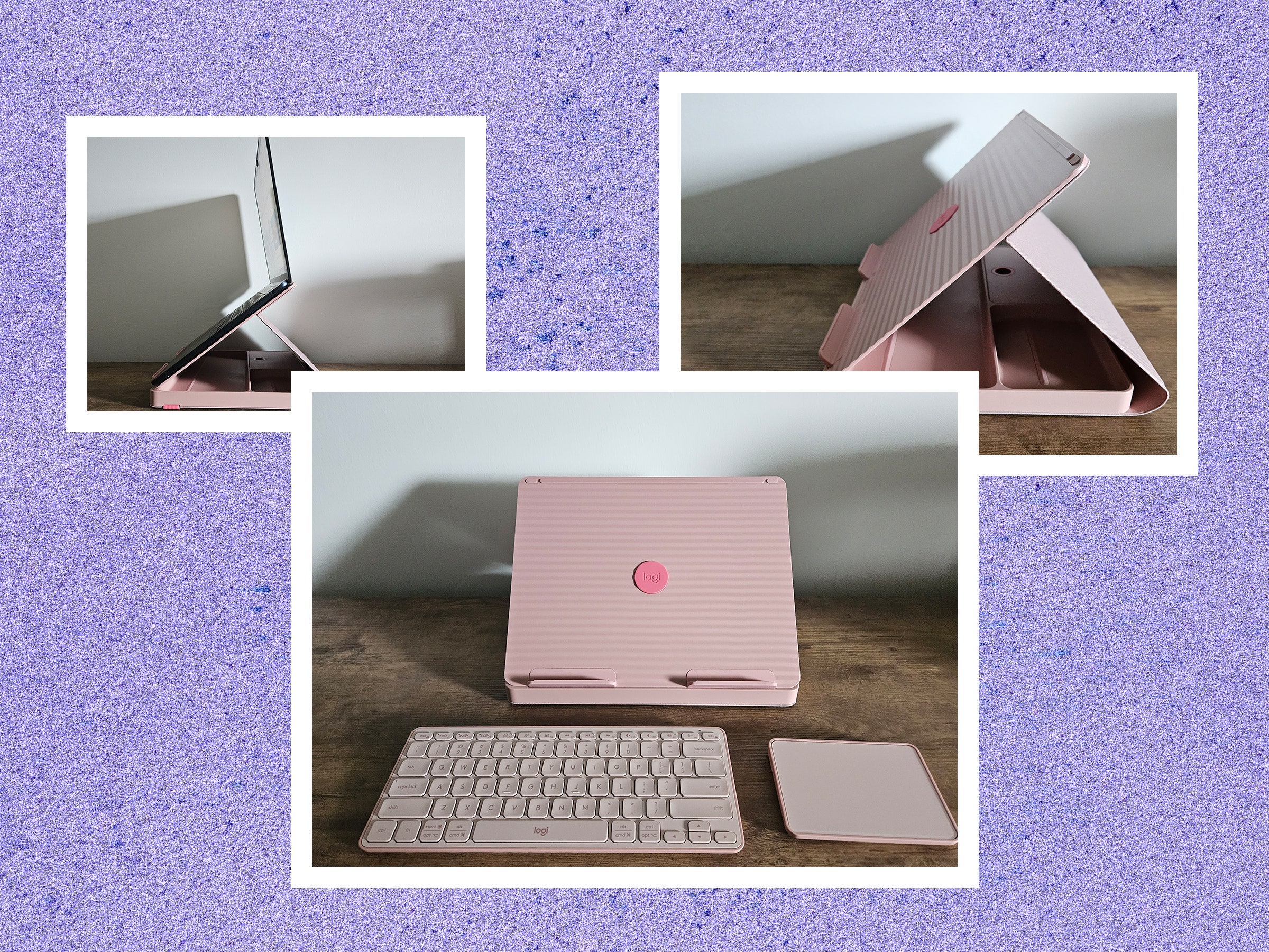 Left Laptop on angular stand. Center Front view of folding laptop stand keyboard and touchpad. Right Closeup of folding...