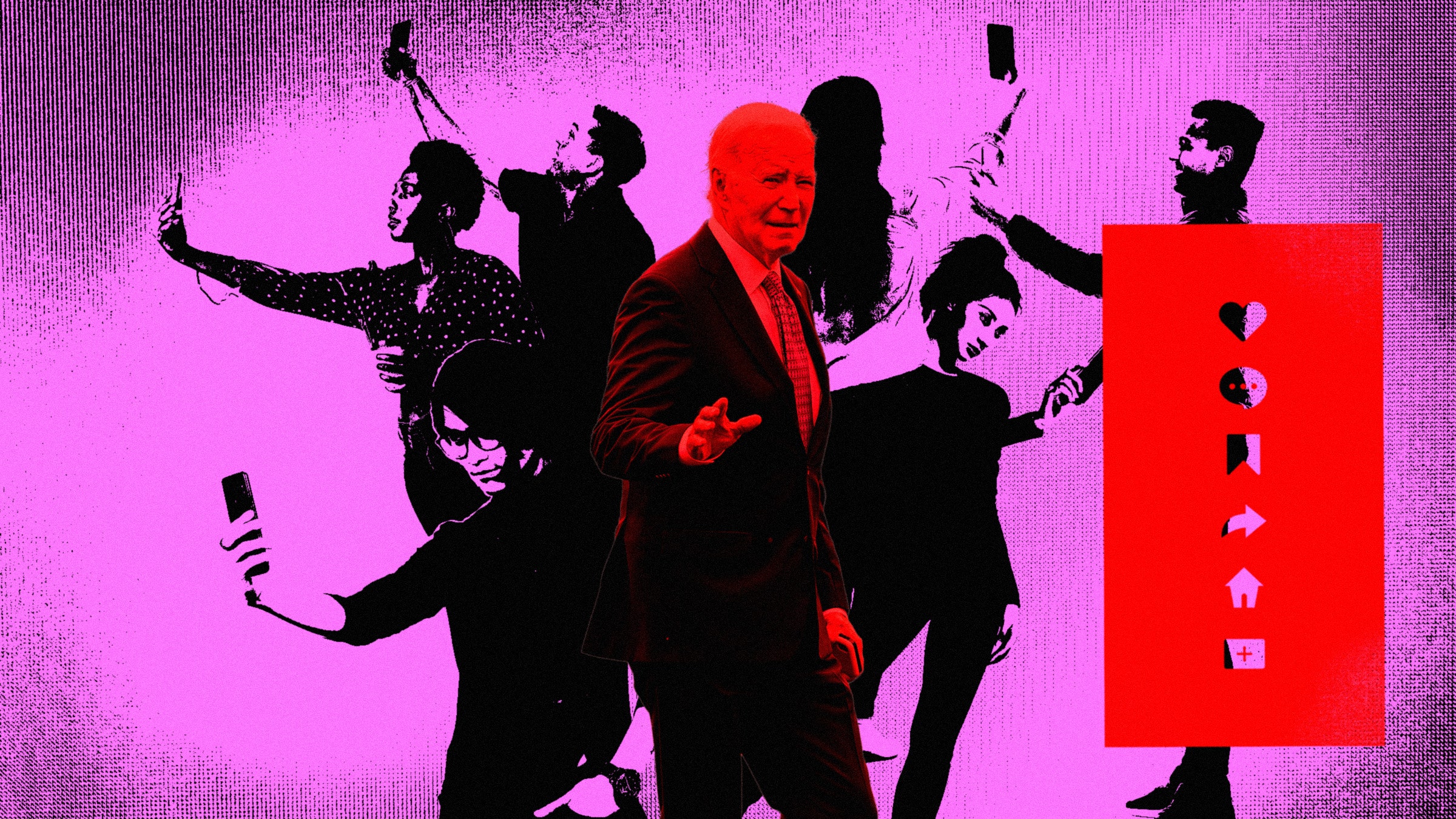 High contrast stylized graphic of Biden surrounded by people taking selfies