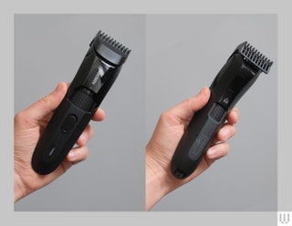 Hand holding an electric beard trimmer with the left and right images showing the front and back respectively