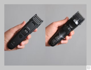 Hand holding an electric beard trimmer with the left and right images showing the front and back respectively