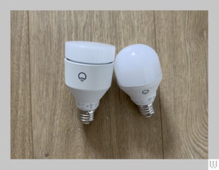 2 bulbs side by side on wooden surface. Left bulb has a discshaped top and right bulb has a domeshaped top.