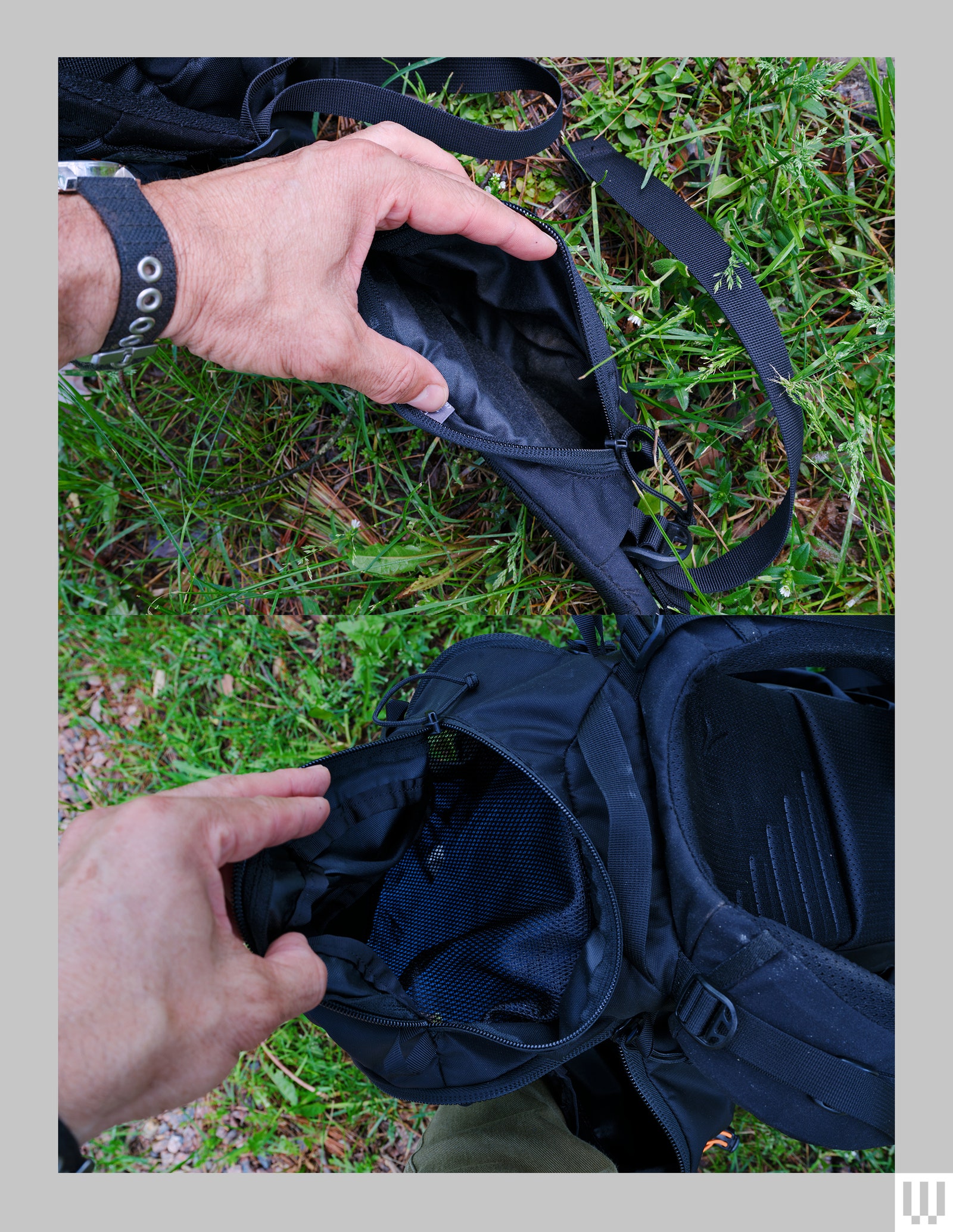 Top Hand holding open a small pouch on the waiststrap of a backpack. Bottom. Hand holding open a large pocked on the...