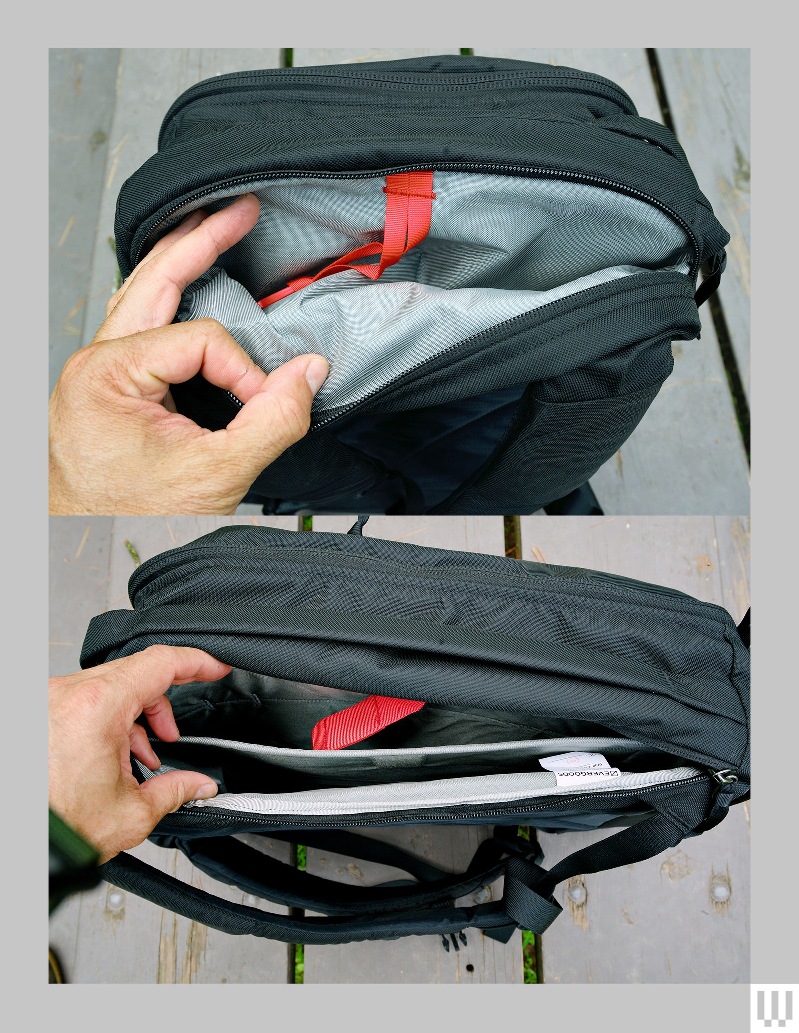 Two views of different pockets on a black backpack