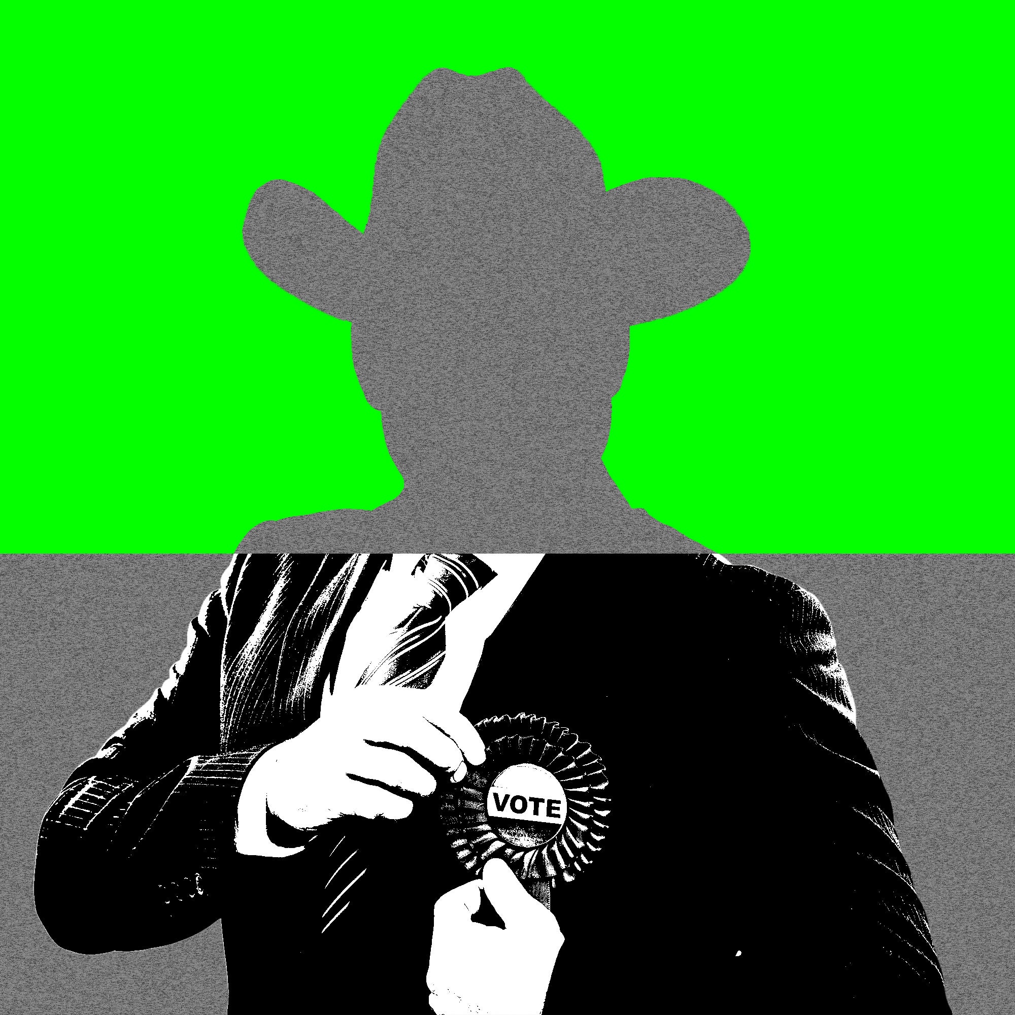 Collage of a figure in a suit with a vote button with just a silhouette for a head wearing a cowboy hat