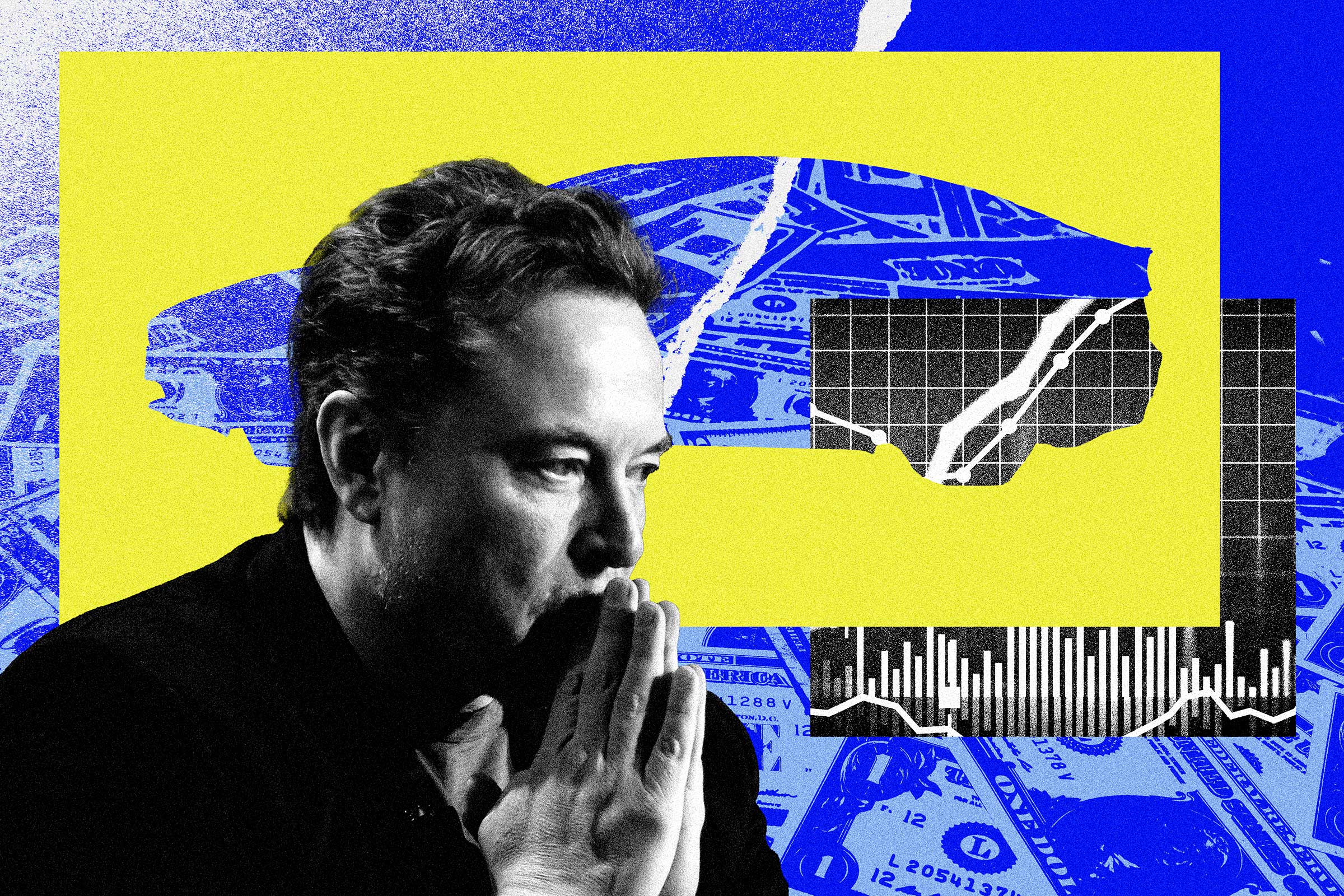 Blue yellow and black photo collage of Elon Musk a Tesla car silhouette shape stock market graphs money and a torn paper...