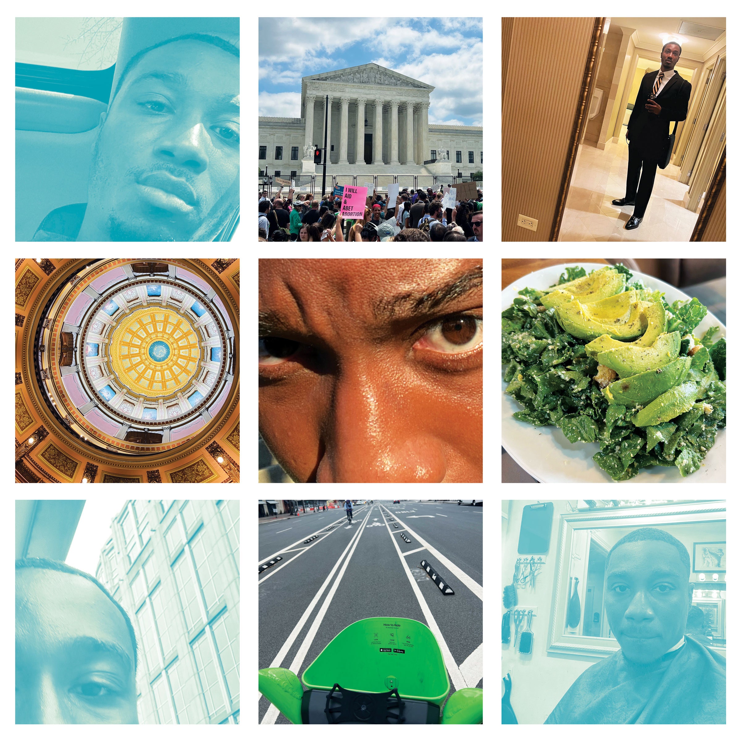 A collage of daytoday life and selfies of Phil Lewis in various settings with a blue overlay effect on three of the squares.