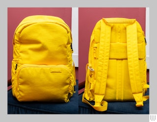 Front and back view of a yellow backpack