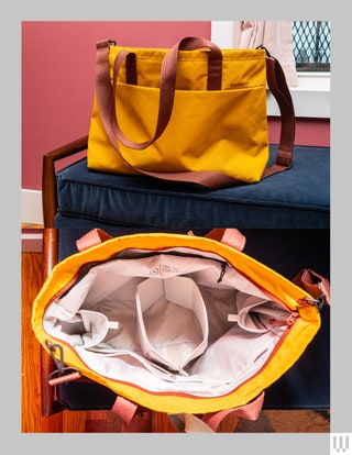 Front and overhead view of a yellow bag with brown straps