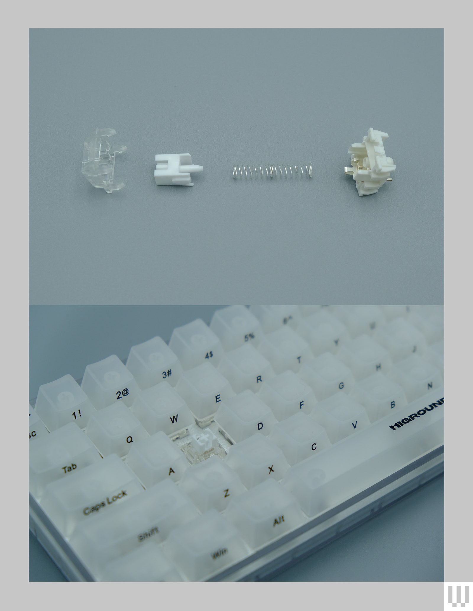 Top Closeup of computer keyboard components including a spring and cap. Bottom Closeup of computer keyboard with...