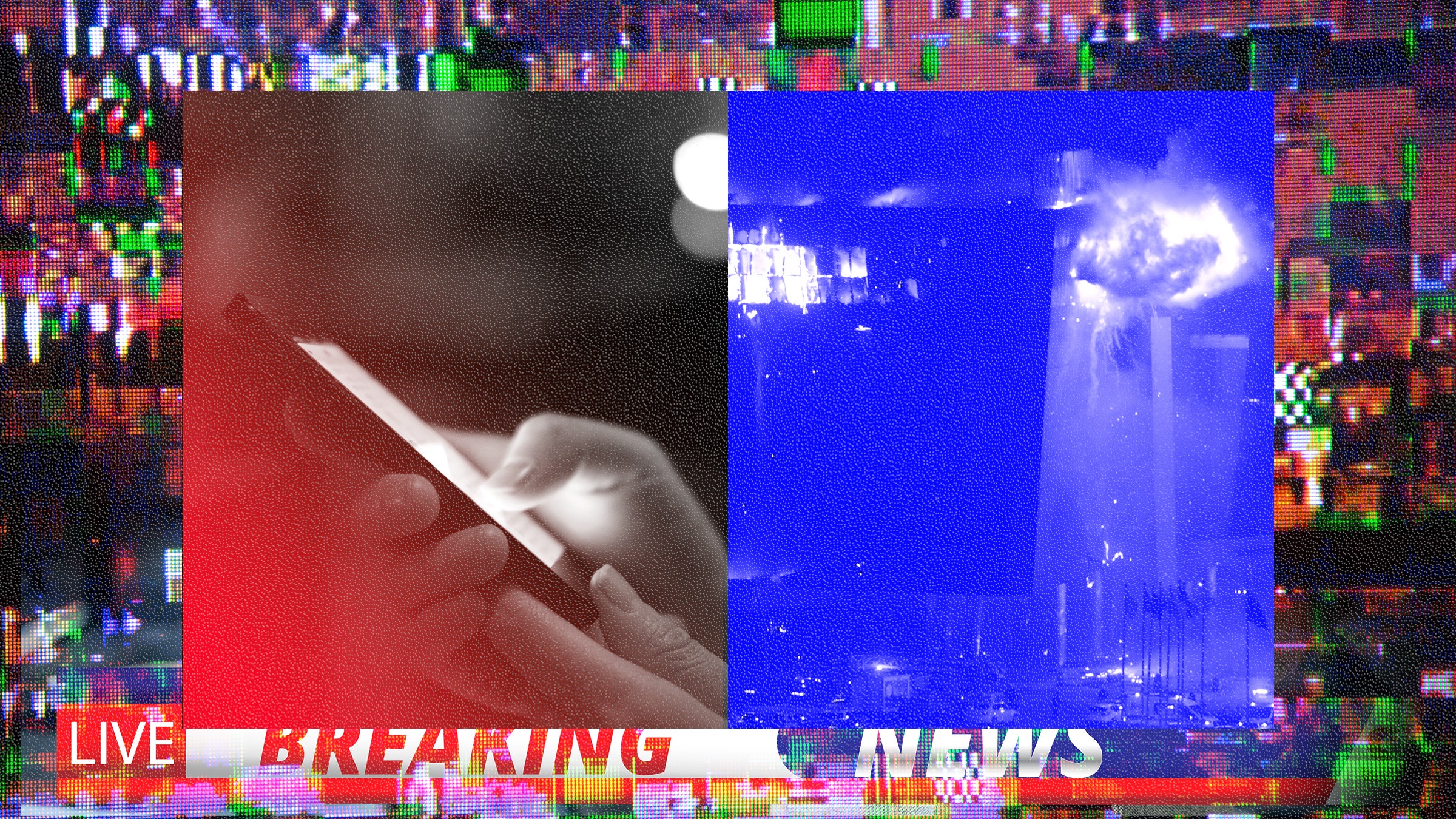 Diptych with an image of a person scrolling on their phone and a fire inside the Crocus City Hall in Moscow against a...