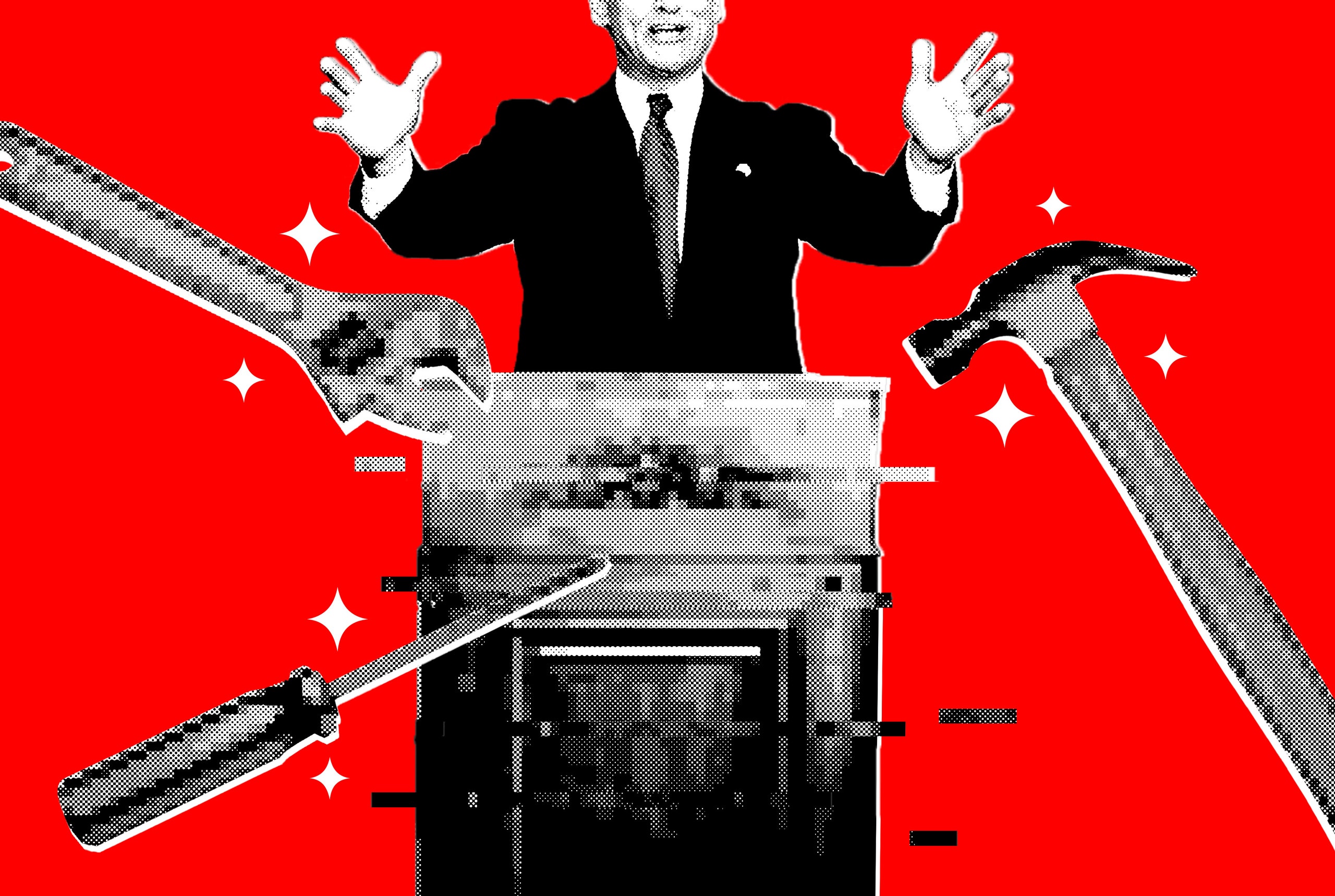 Collage of a politician at a pixelated podium surrounded by pixelated tools