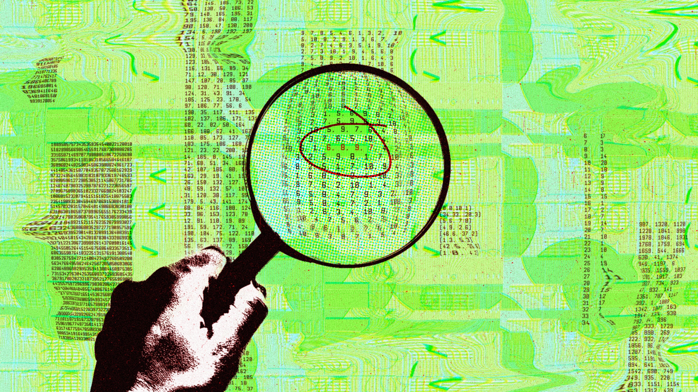 Graphic of magnifying glass over data set with errors circled.