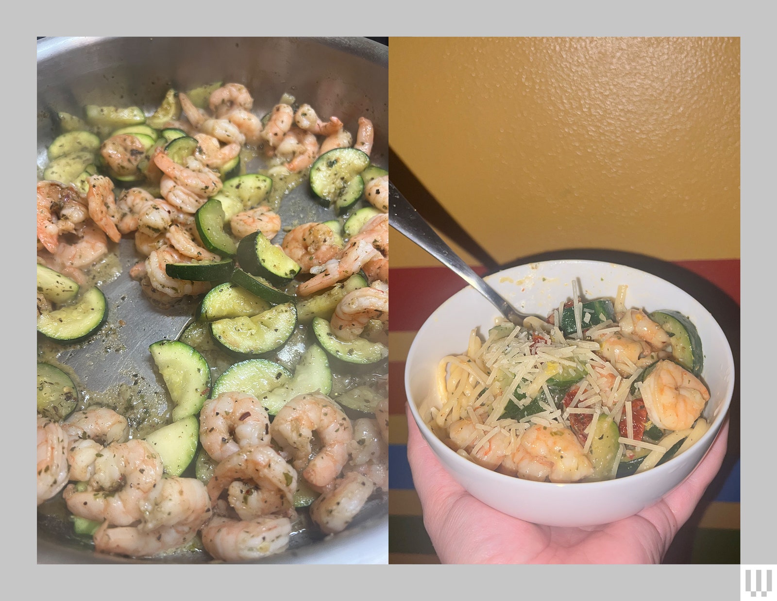 Left frying pan with shrimp and vegetables cooking. Right person's hand holding a white bowl filled with a cooked shrimp...