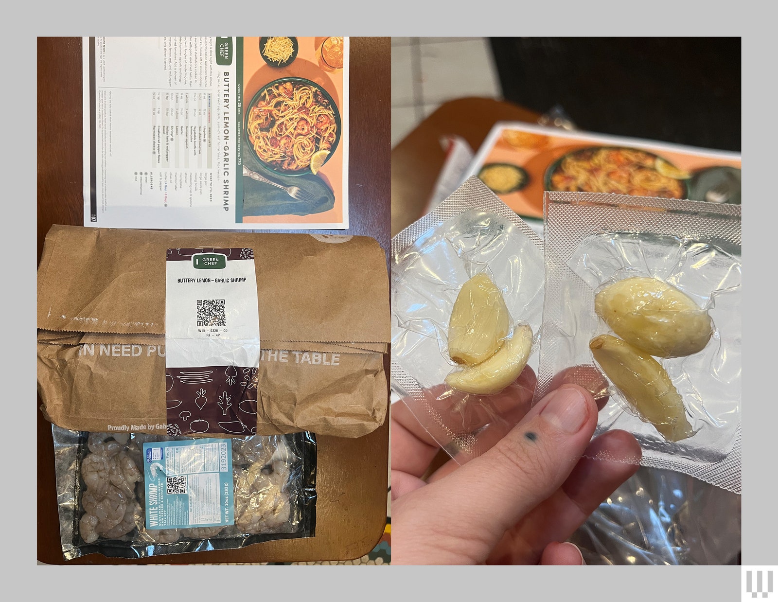 Left Packaging for a meal kit including shrimp and cooking instructions. Right Hand holding up 2 packets of vacuum...