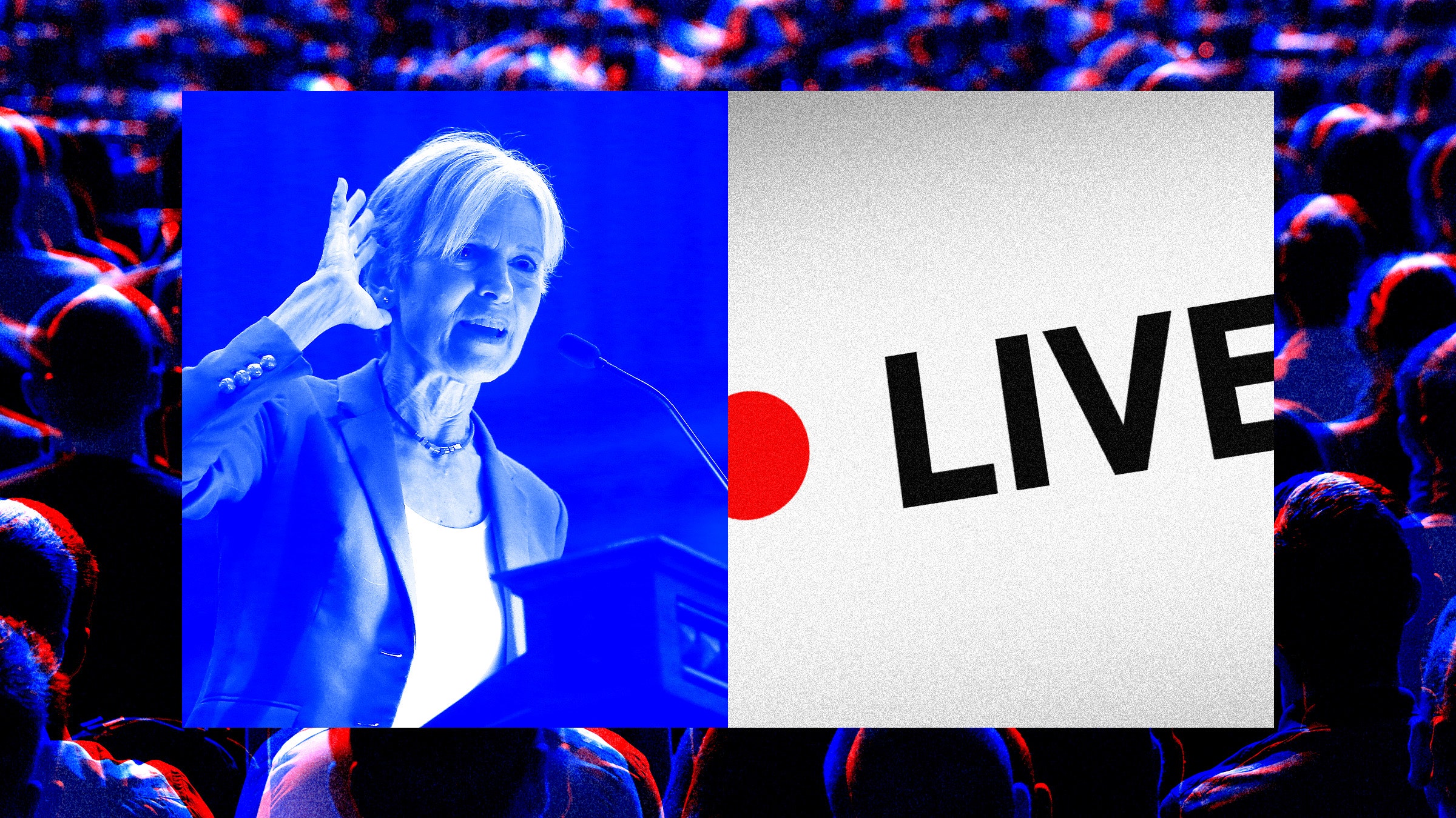 Collage of Jill Stein a red dot next to the word LIVE and a seated crowd