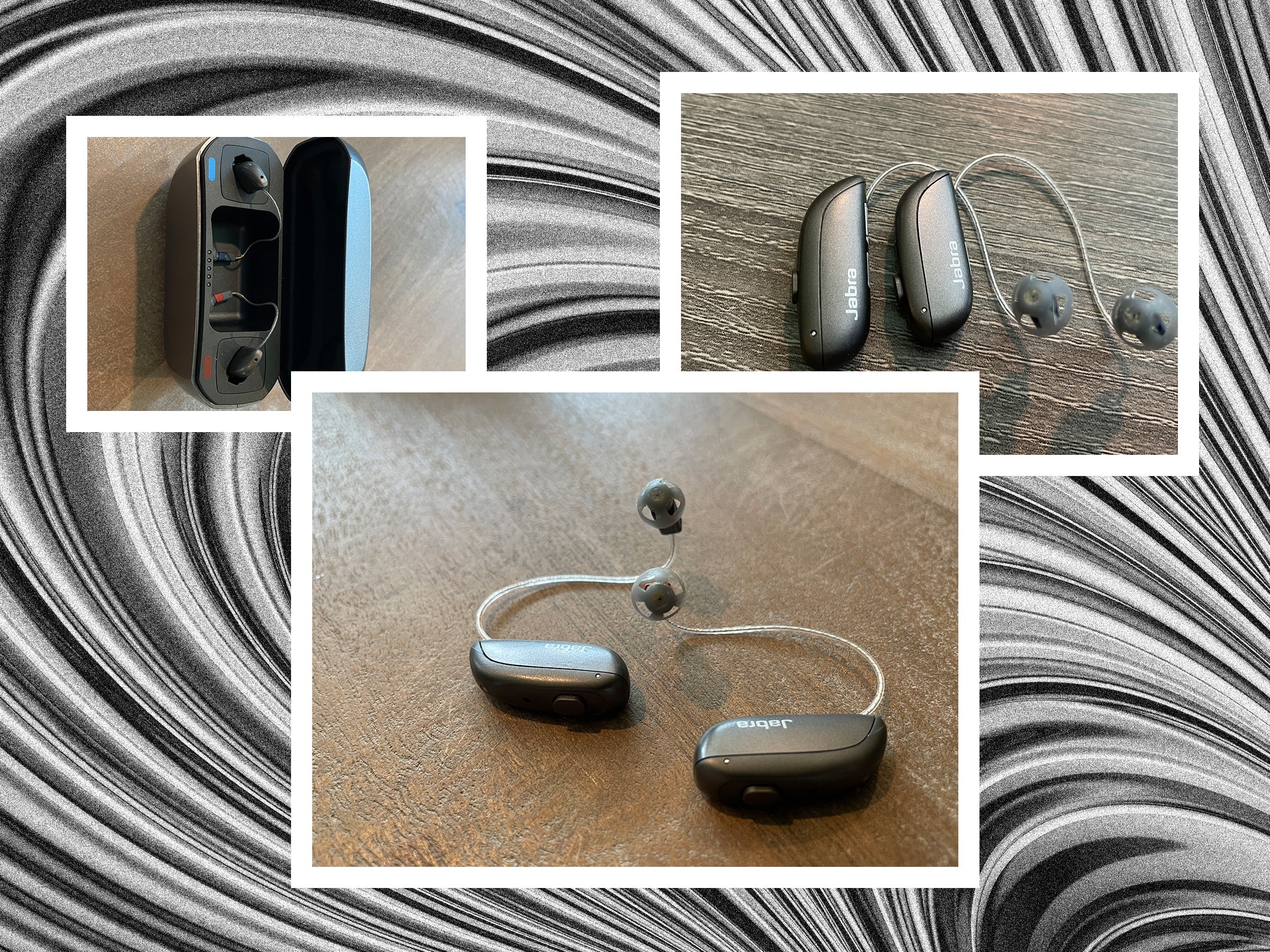 Left to right Case holding hearing aids two hearing aids on wooden surface and two hearing aides side by side