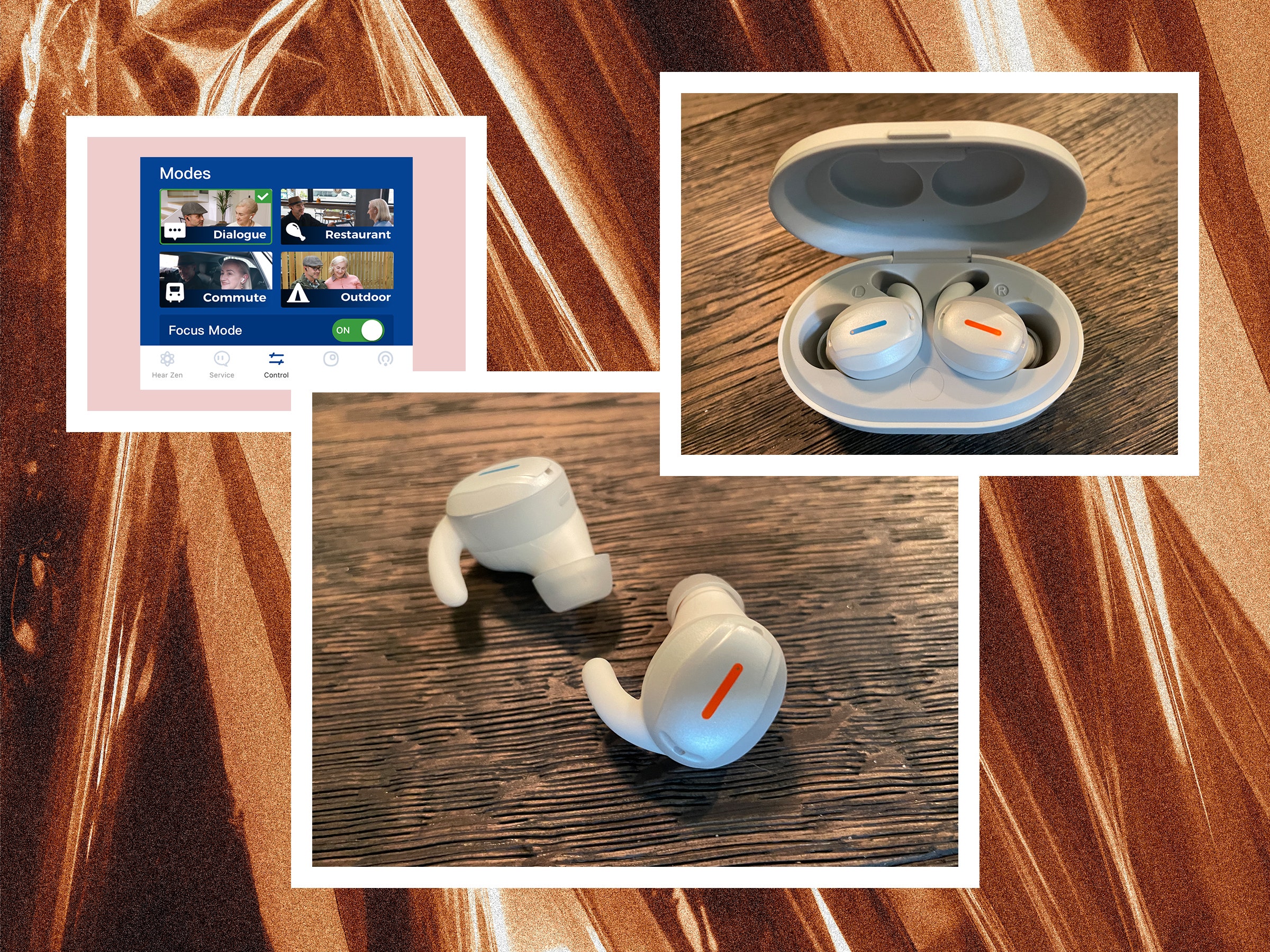 Left to right Screenshot of hearing aid app showing the different modes 2 inear hearing aids on wooden surface and...