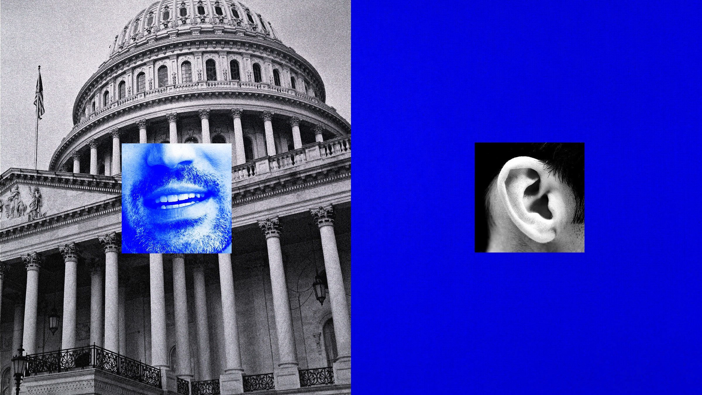 Collage of the U.S. Capitol building a talking mouth and a listening ear