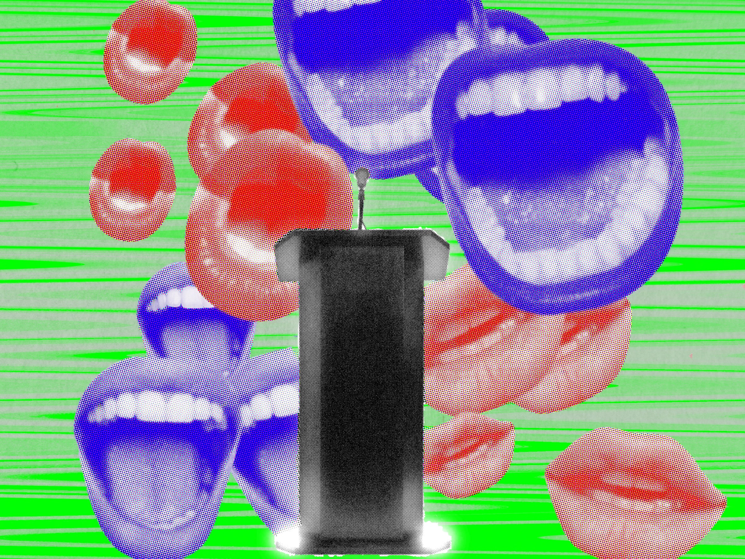 An illustration of a myriad of overlayed halftoned mouths surrounding a debate podium.