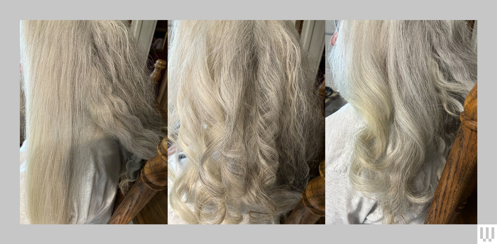 Person with white hair getting their hair styled. Left to right hair brushed hair curled and the curls brushed out.