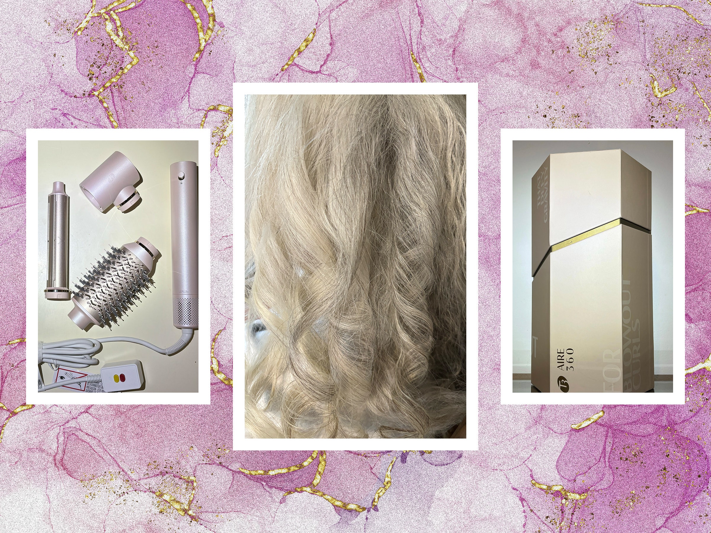 Left to right hair styler attachments including curling rods and brush closeup view of a curled white hair and gold...