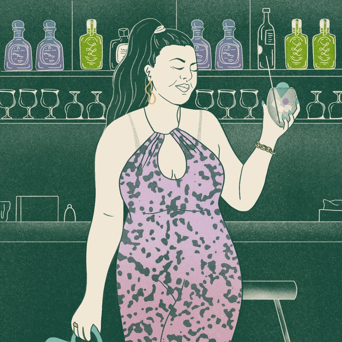 Illustration of Priscila Barbosa holding a cocktail in a night club