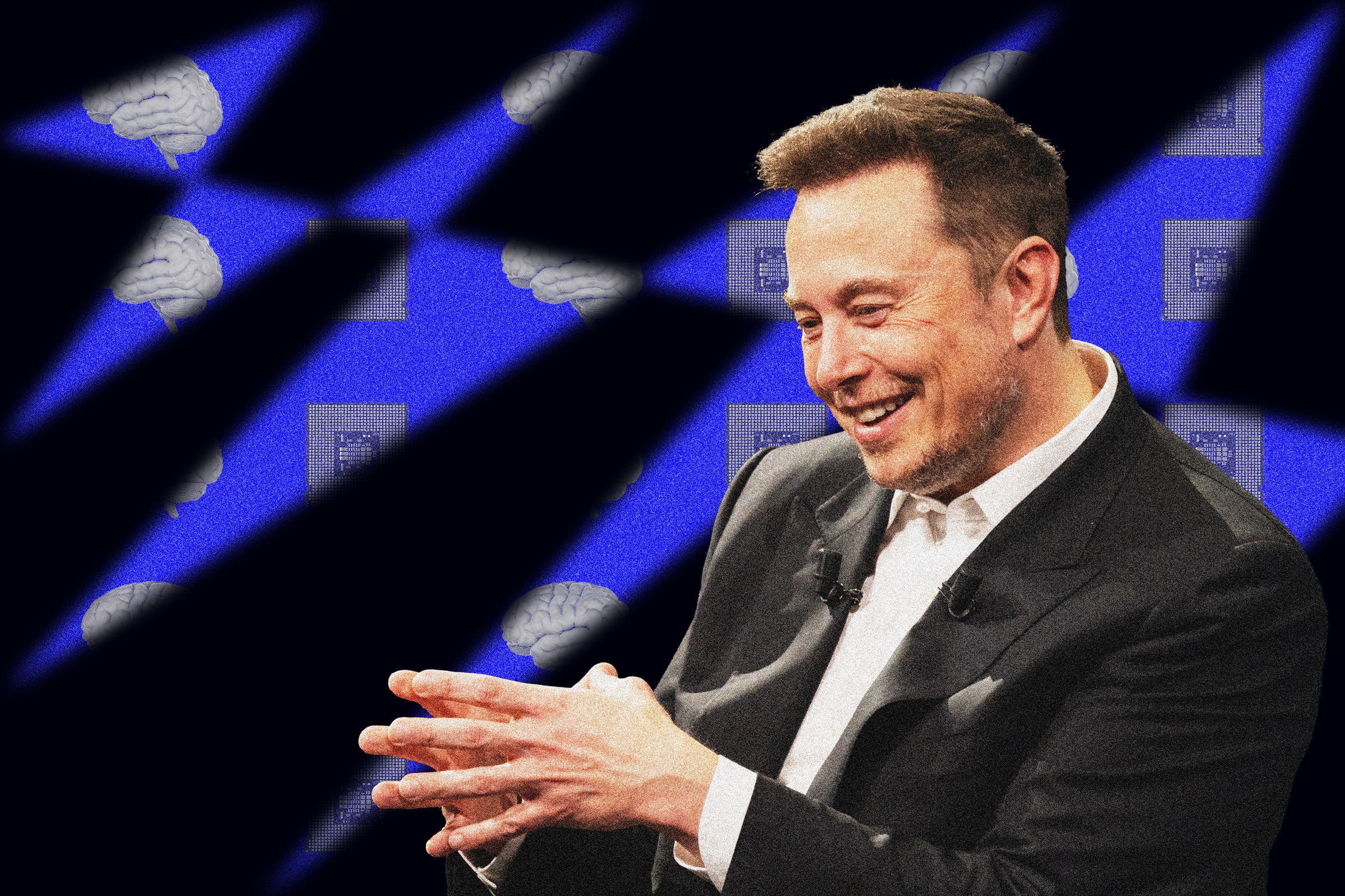 A photo illustration of Elon Musk juxtaposed in front of a collage of brains and computer chips