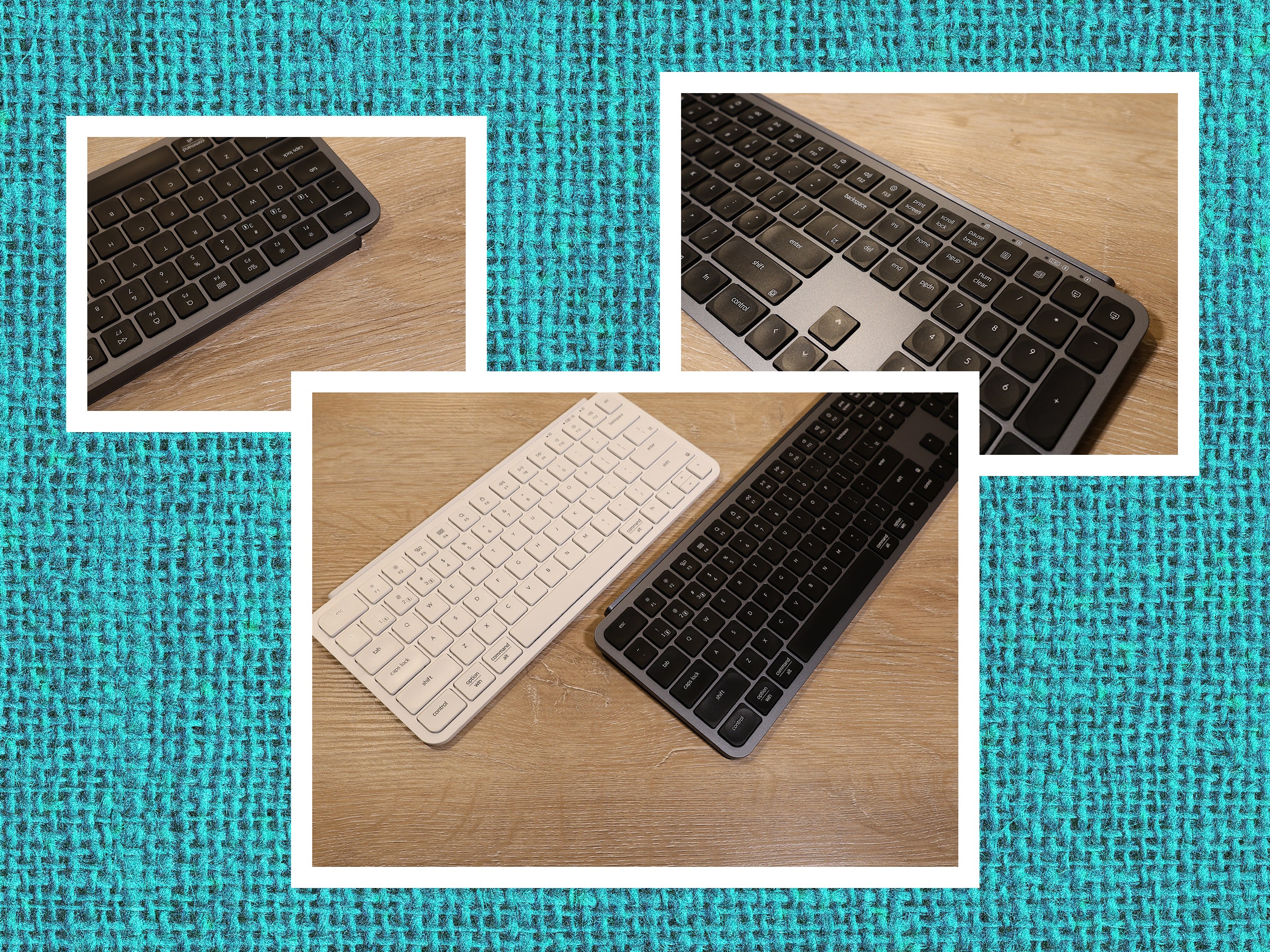 Different views of black computer keyboard with a smaller white keyboard in the center image for size comparison....