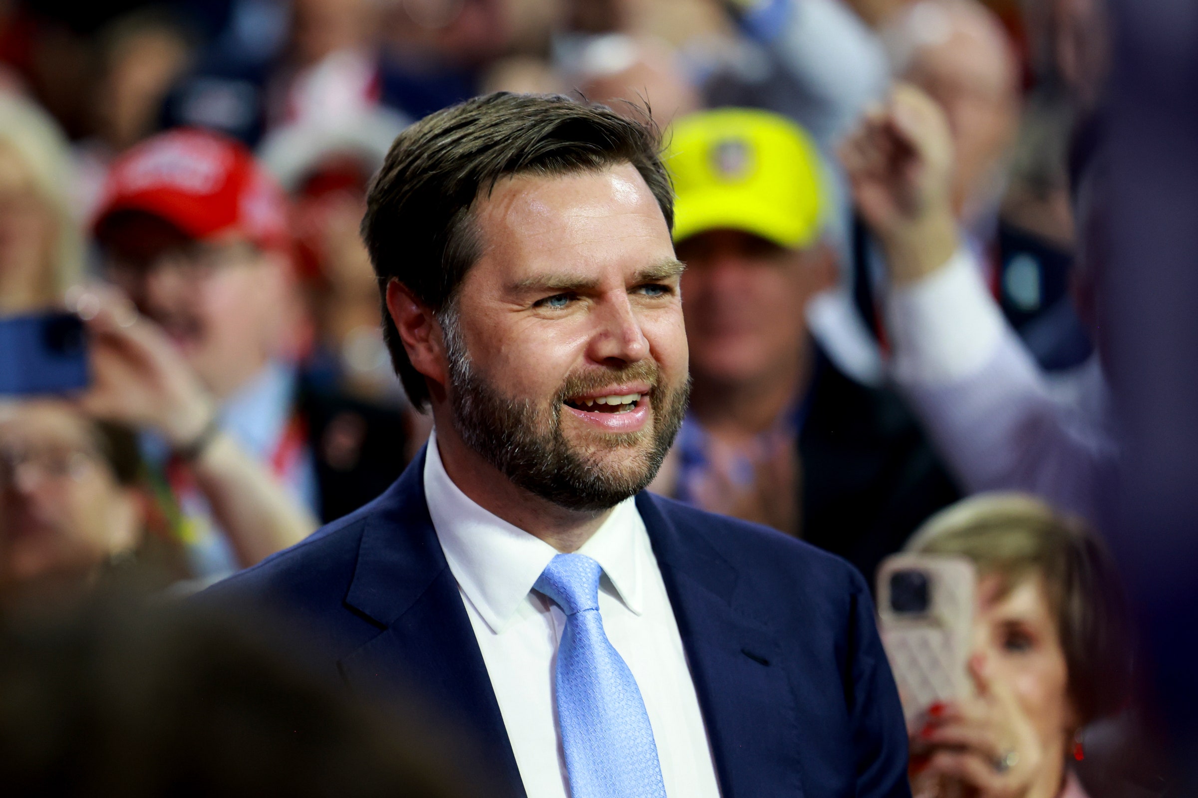 Trump's pick for Vice President U.S. Sen. J.D. Vance  arrives on the first day of the Republican National Convention at...