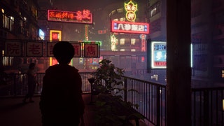 Screenshot of a video game showing a person in the shadows standing in the corner of a terrance looking out toward the...