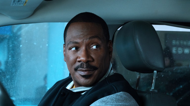 A closeup photo of Eddie Murphy as Axel Foley in Beverly Hills Cop Axel F.