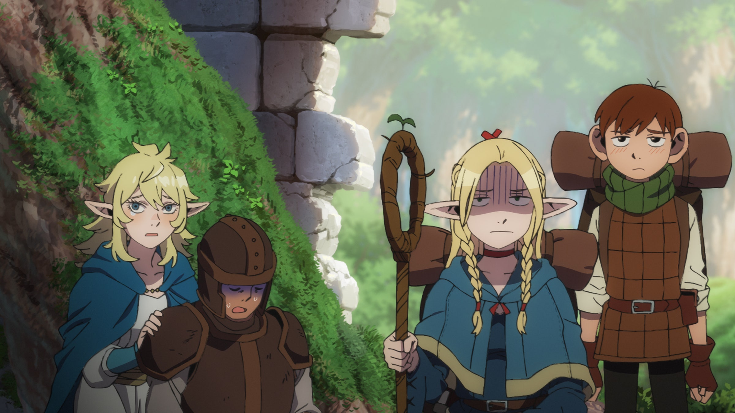 An image of some of the main characters from the Netflix anime series Delicious in the Dungeon where they seem reluctant...