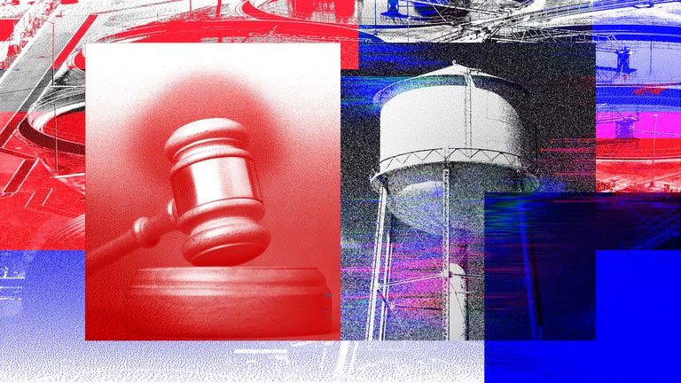 A photo illustration of a gavel and a water tank juxtaposed on top of a water treatment facility with red and blue...