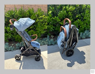 Stroller with blue canopy seen from the side  and while folded