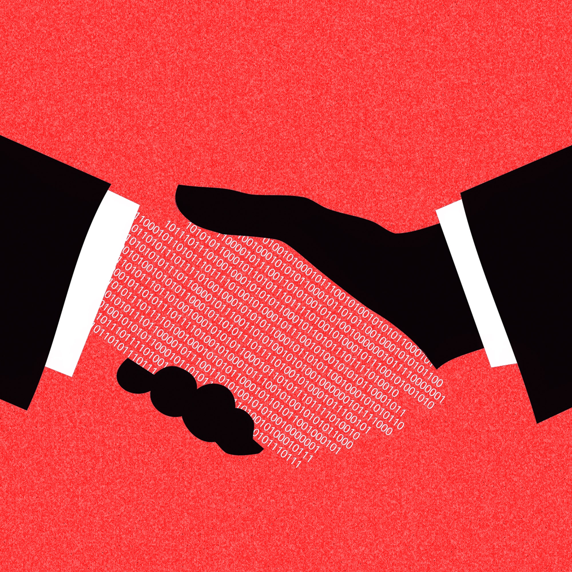 An illustration of a handshake between a human hand and a hand made of ones and zeros in front of a red textured background.