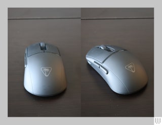 Front and side view of grey computer mouse with small wheel inserted between the top 2 buttons and 2 buttons along the...