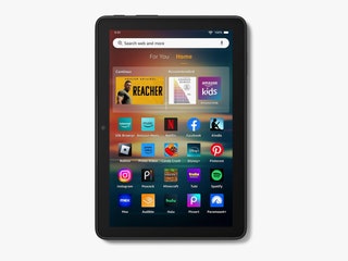 Black tablet with app icons and a search bar on the screen