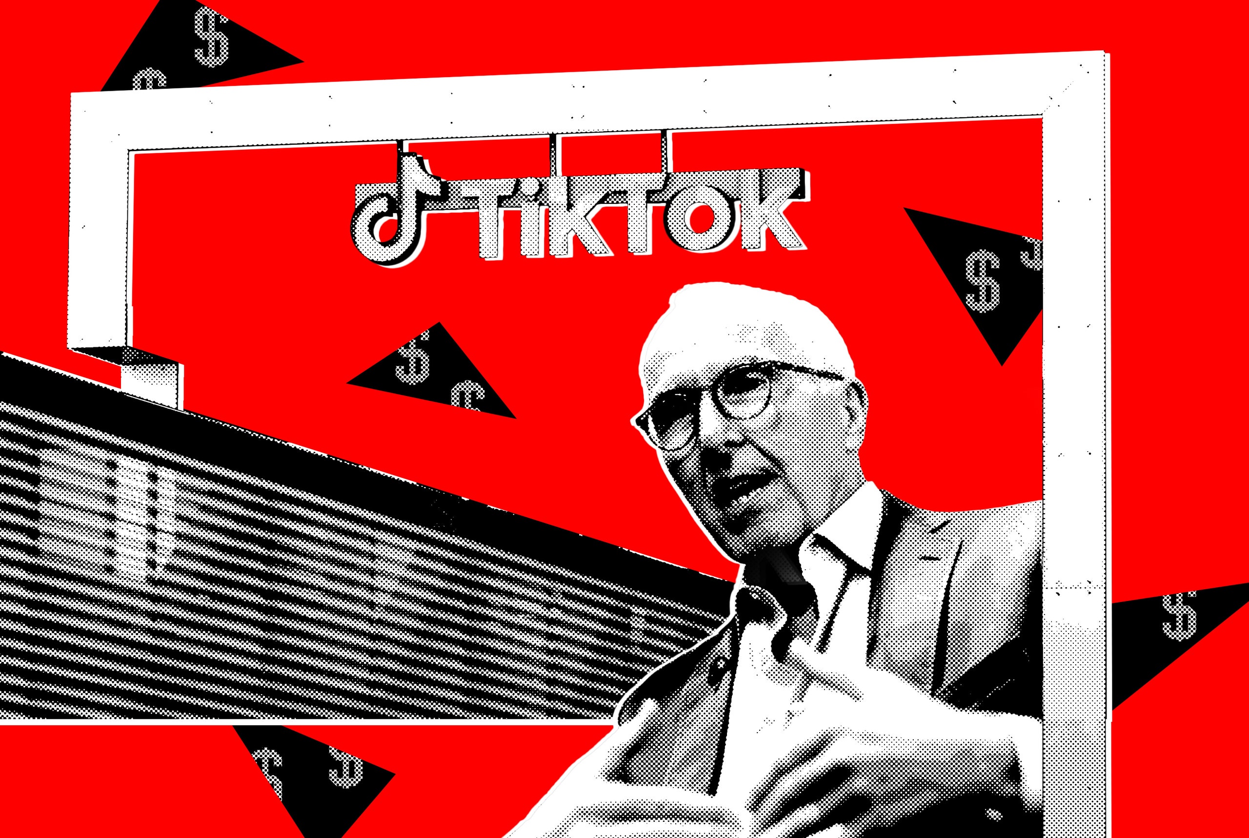 Collage of Frank McCourt and the front of a TikTok office