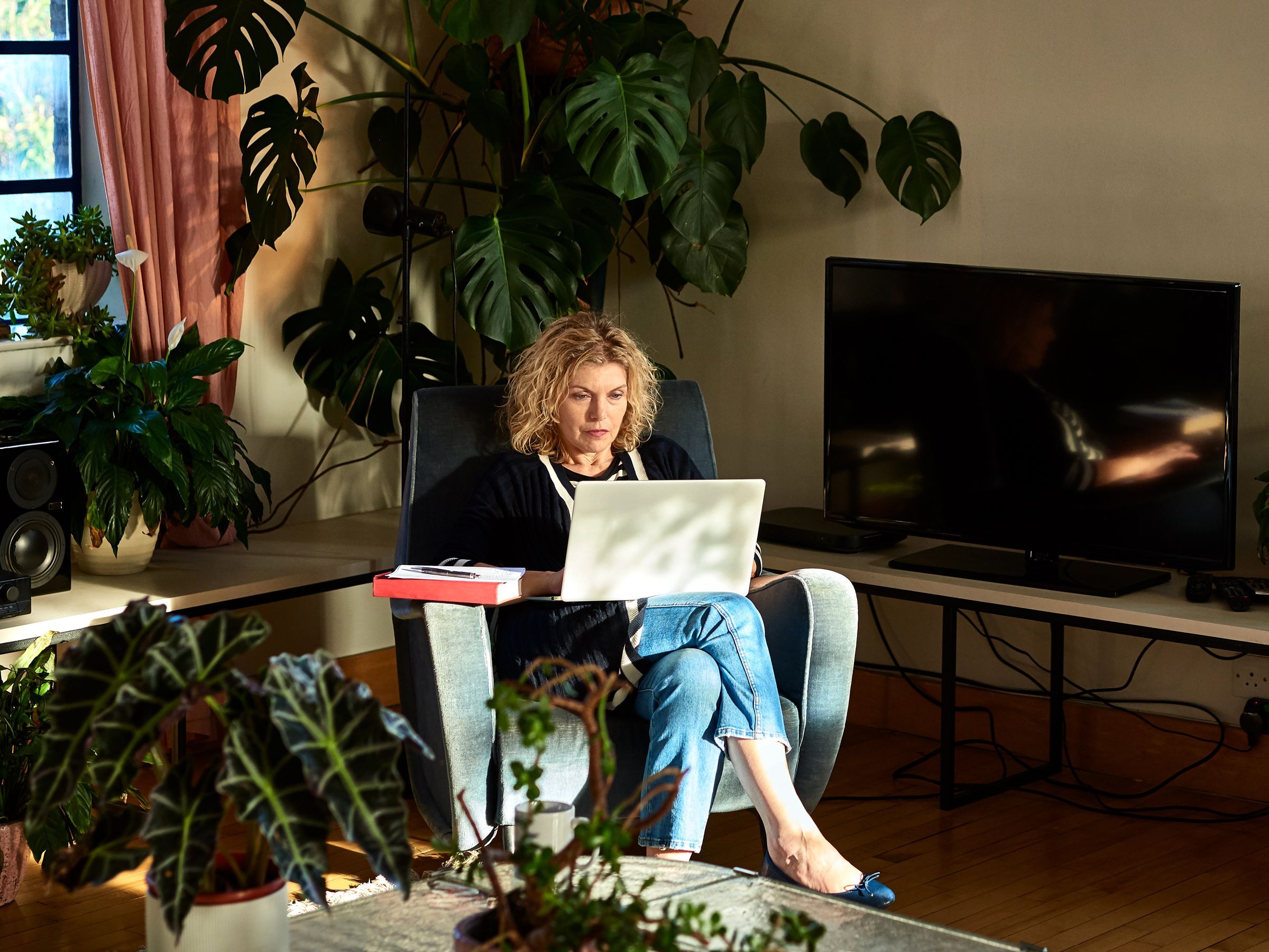 Person working on laptop in comfortable living room