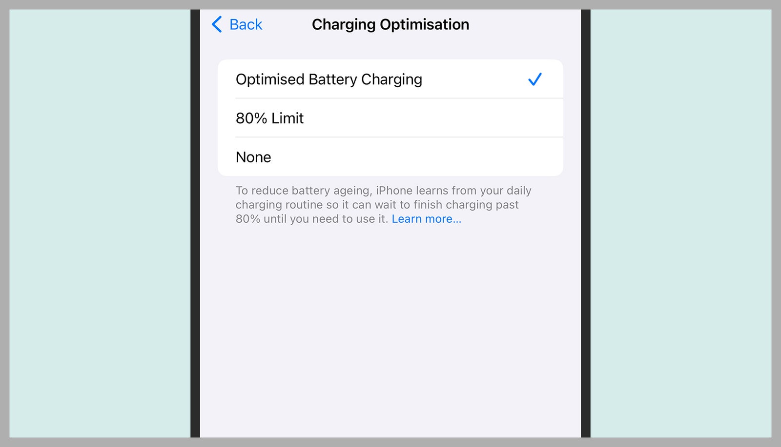 Screenshot of iPhone Adaptive Charging