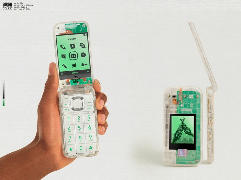 Left: Hand holding semi-clear flip phone. Right: Closed flip phone showing the exterior screen beside an open flip phone showing the side view.