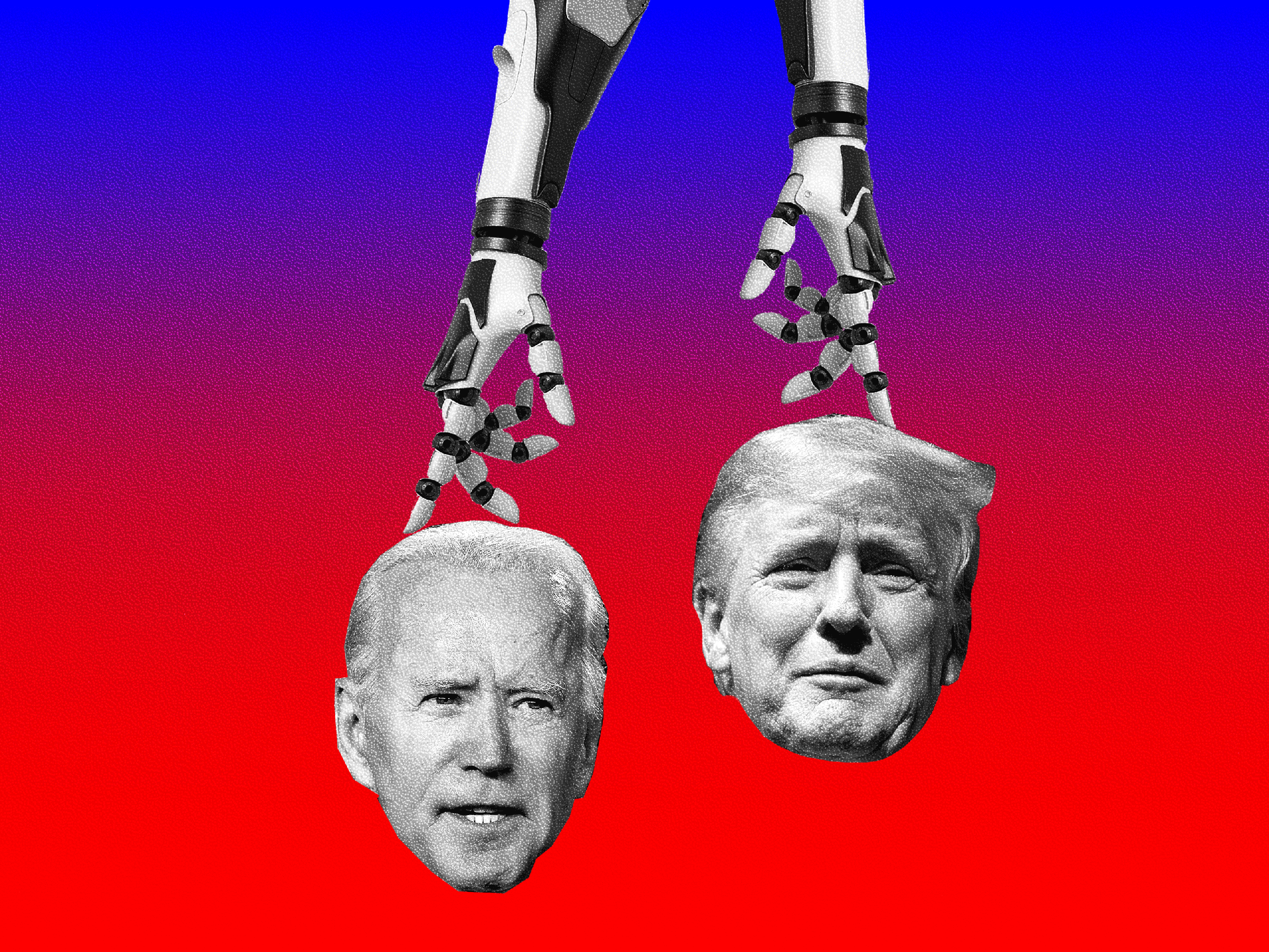 Two robotic arms pushing cut outs of Joe Biden and Donald Trump's faces.