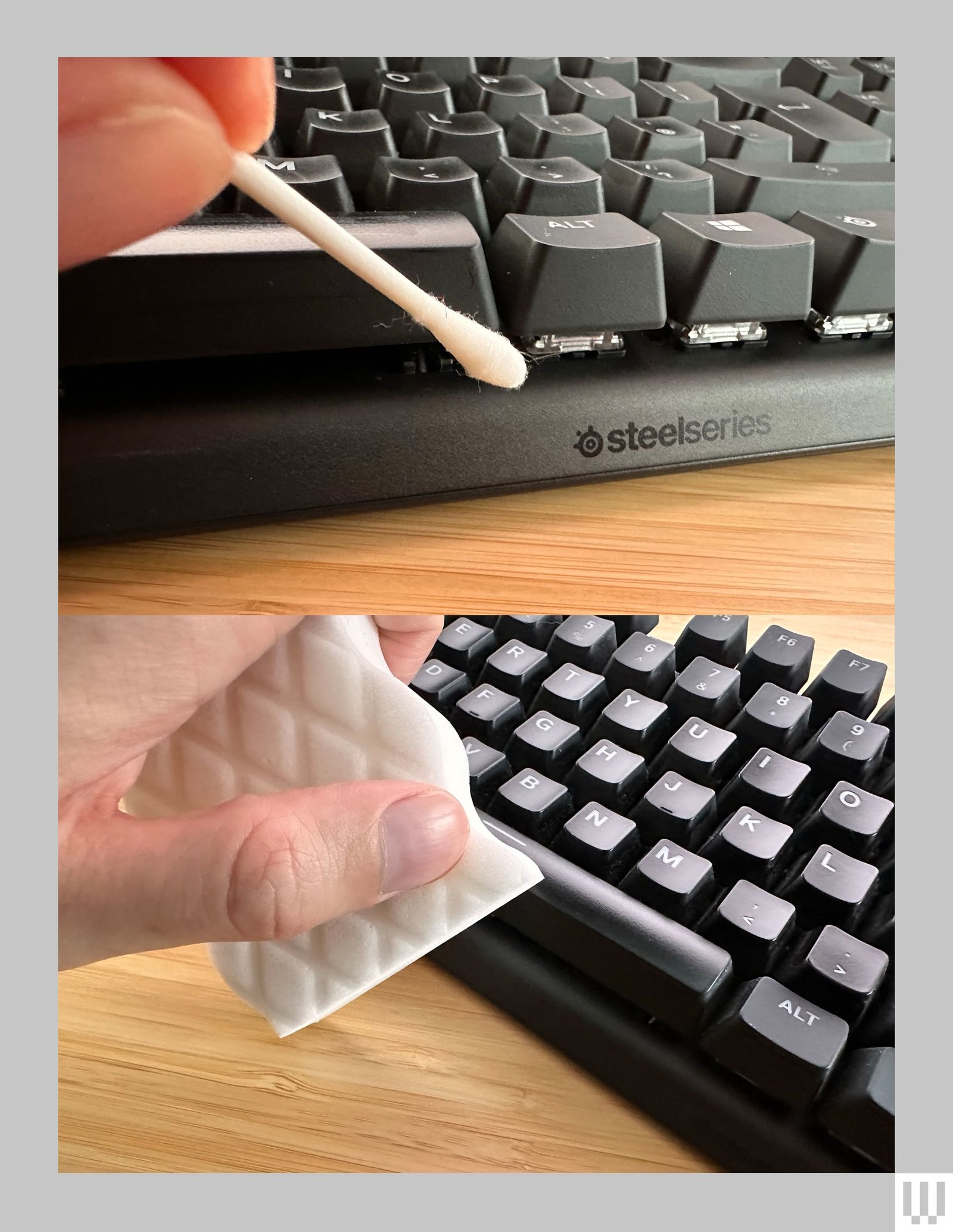 2 closeup views of a computer keyboard. Top cotton swab cleaning a key. Bottom hand holding a cleaning cloth to wipe the...