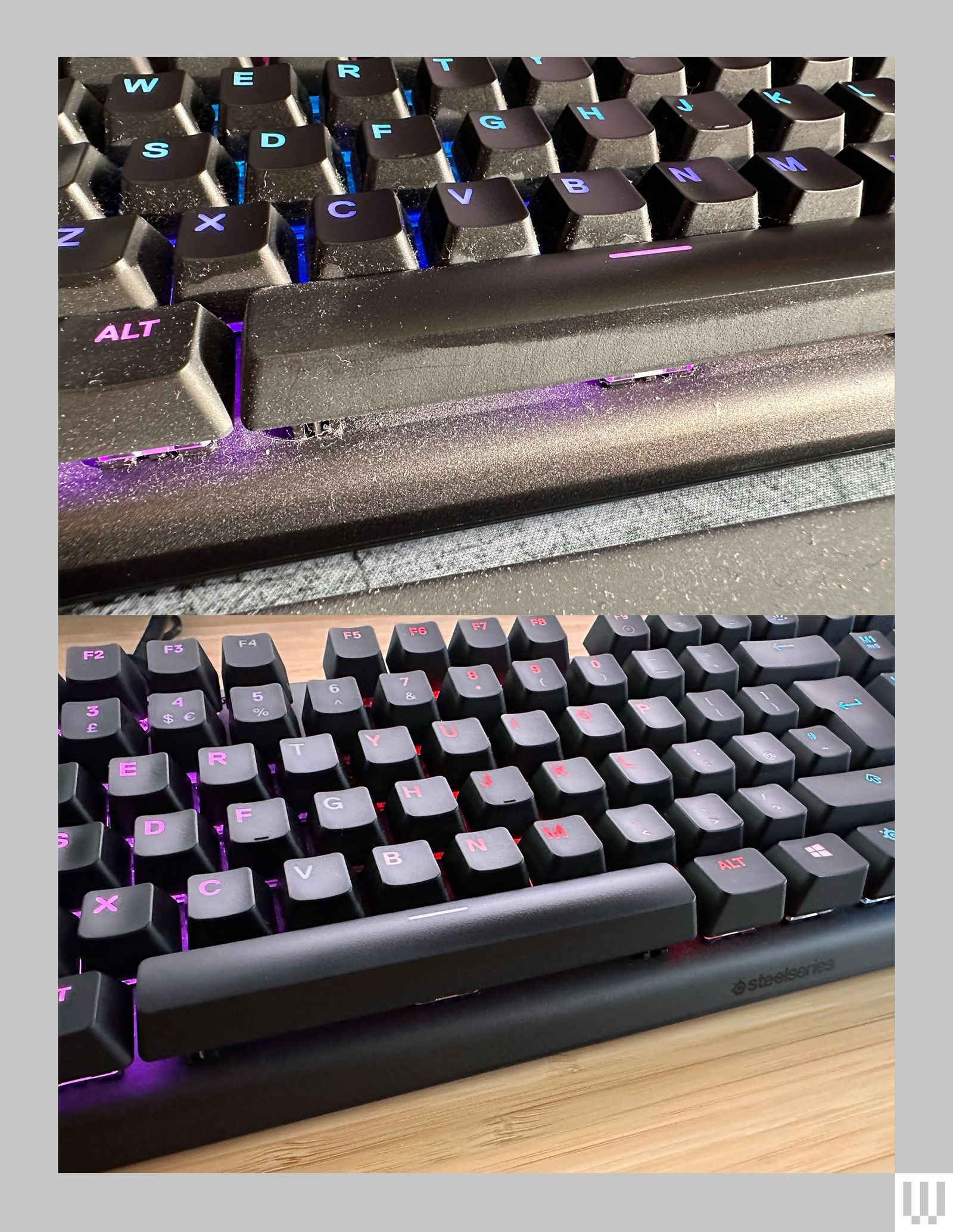 2 closeup views of a computer keyboard with dirty and dusty keys in the top image and clean keys in the bottom image