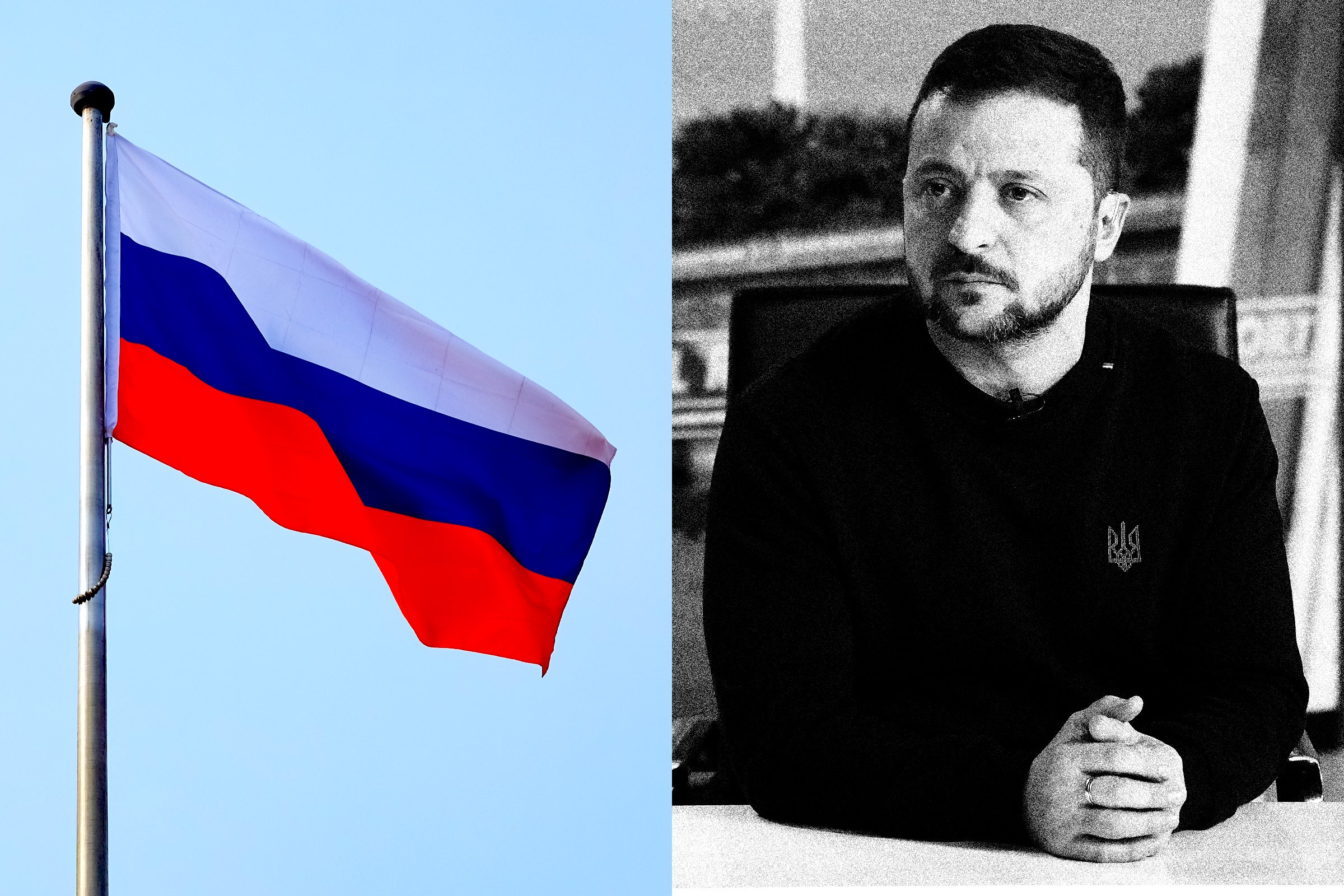 Russian flag and Zelensky