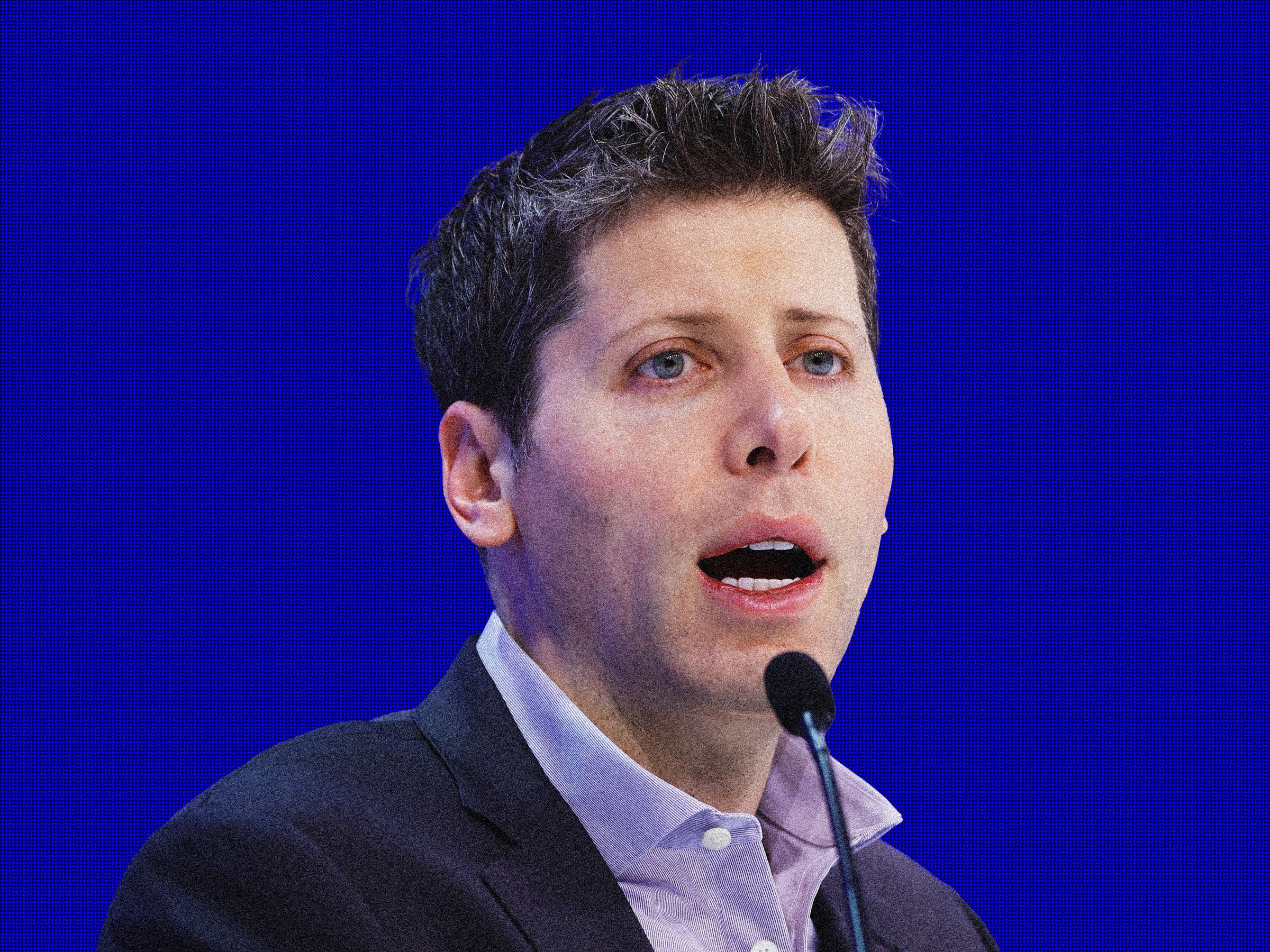 A treated closeup image of Sam Altman giving a speech at a panel.